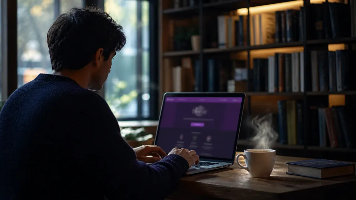 A user in a café downloading the Tor Browser on a laptop.
