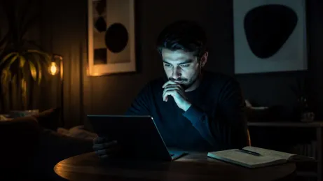 A user studies onion links on a tablet in a dimly lit room, surrounded by notes.