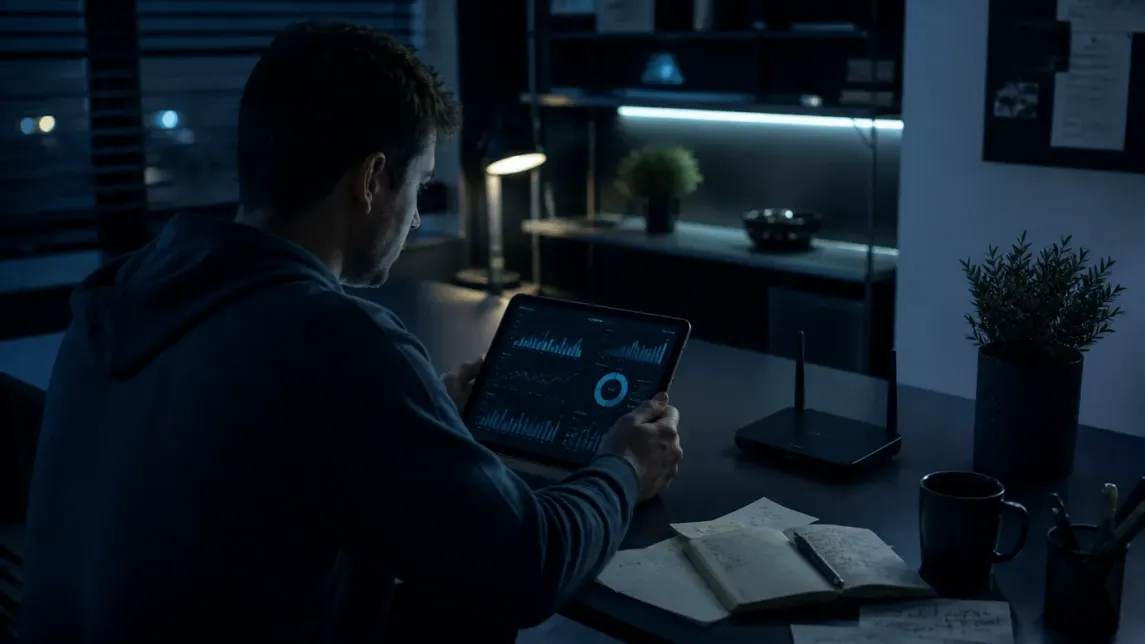 A user closely examines dark web browsing statistics on a tablet in a dim room.
