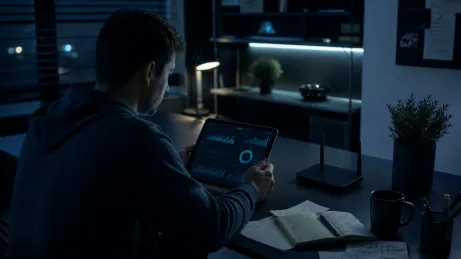 A user closely examines dark web browsing statistics on a tablet in a dim room.
