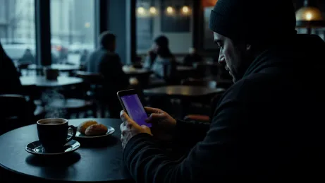 A user discreetly exploring Onion sites using Tor Browser on their Android device in a café.