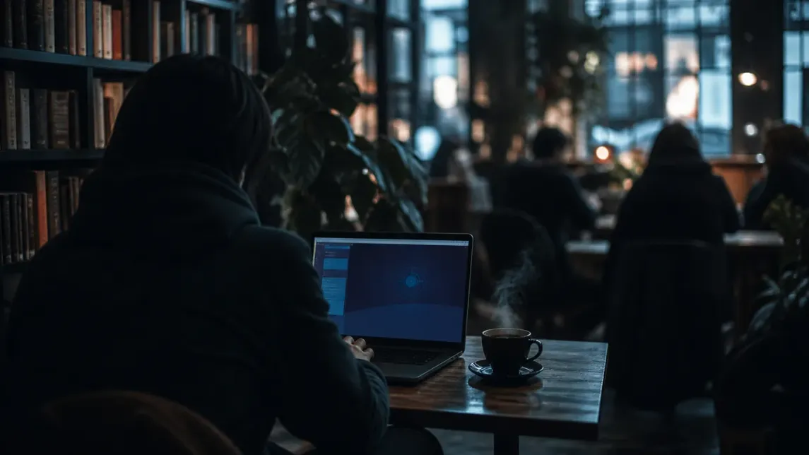 A user is focused on the Tor Browser on their laptop in a café setting.