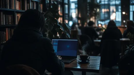 A user is focused on the Tor Browser on their laptop in a café setting.