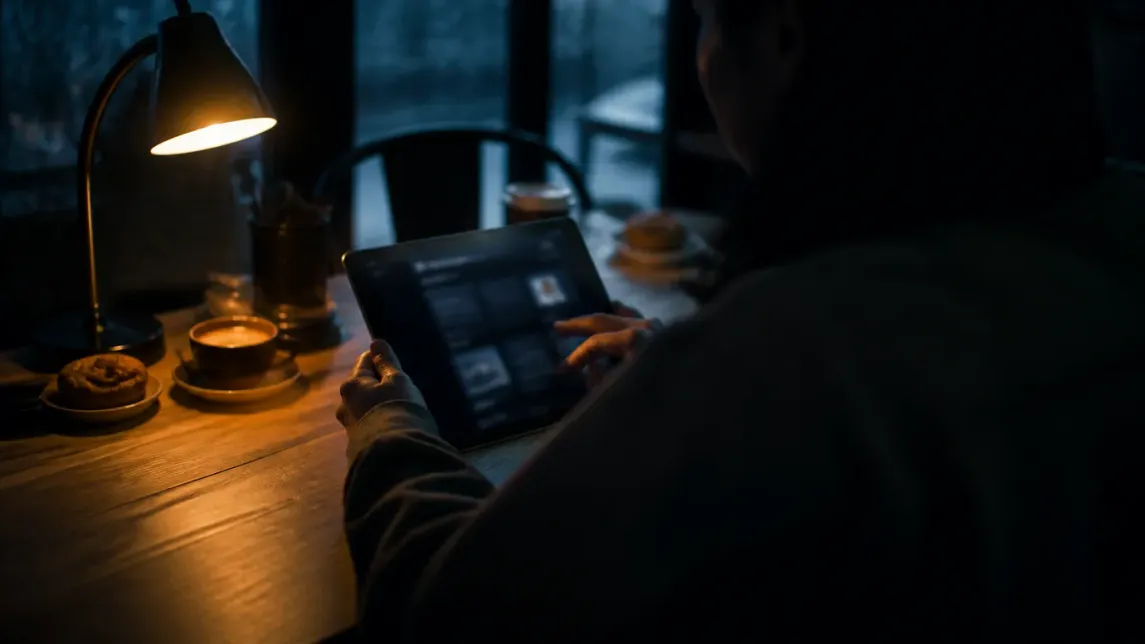 A user intently browsing onion websites on a tablet in a cafe setting.