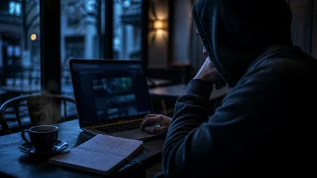 A user quietly explores dark web sites in a dim cafe setting.