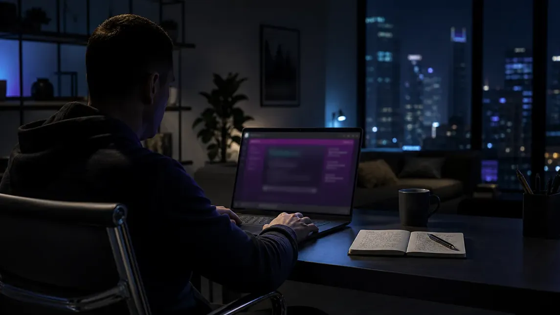 A user thoughtfully navigating the Tor Browser in a dimly lit room.
