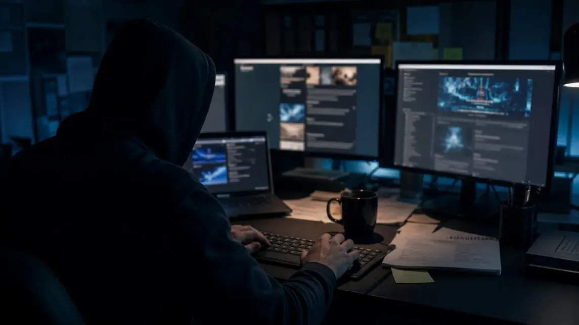 A user carefully examines dark web links on multiple computer screens in a dimly lit office.
