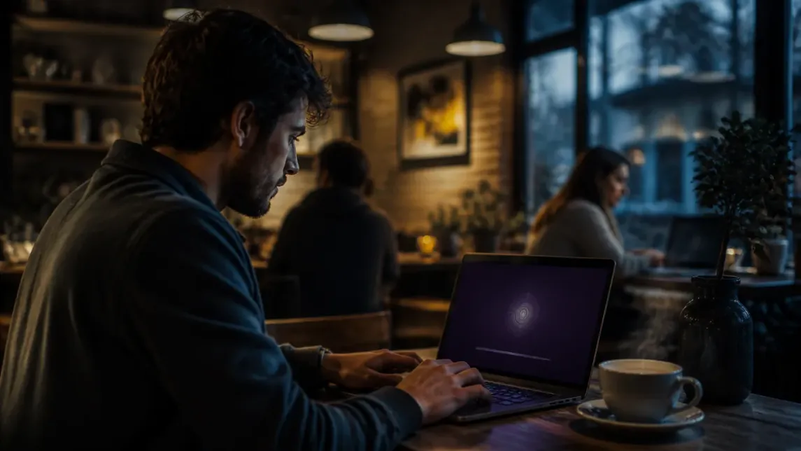 A young adult downloads Tor Browser in a cozy café setting.