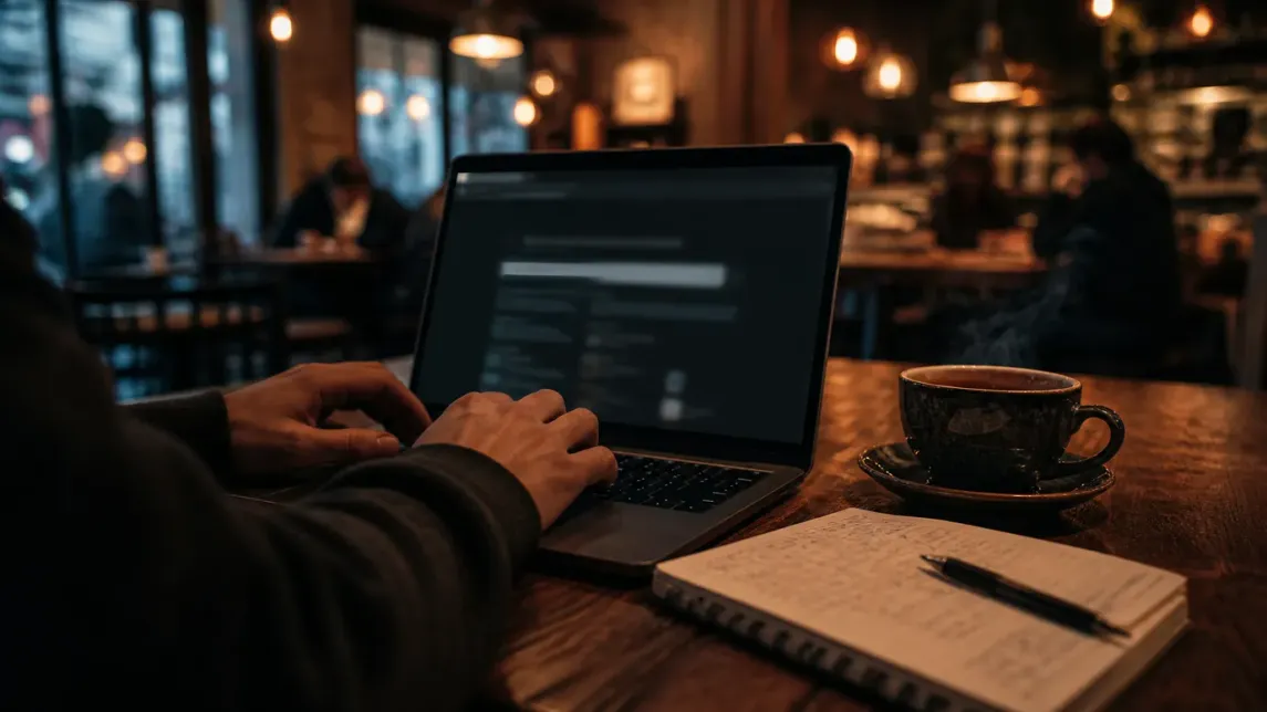 A user explores .onion websites in a warm café setting.