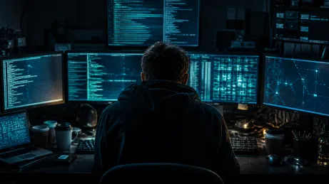 A hacker immersed in their work, surrounded by multiple glowing screens.