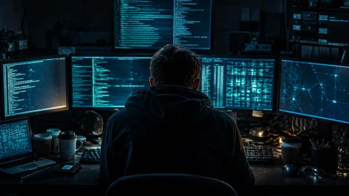 A hacker immersed in their work, surrounded by multiple glowing screens.
