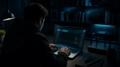 A user examines the features of a dark web browser on their laptop.