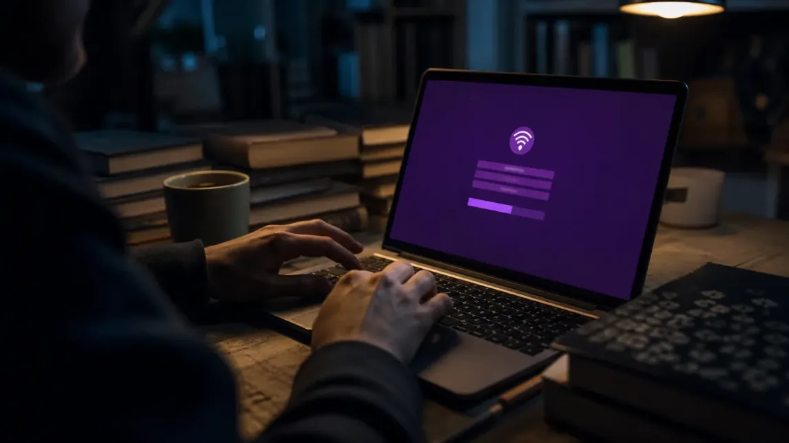 A person configuring the Tor Browser on their laptop in a cozy room.