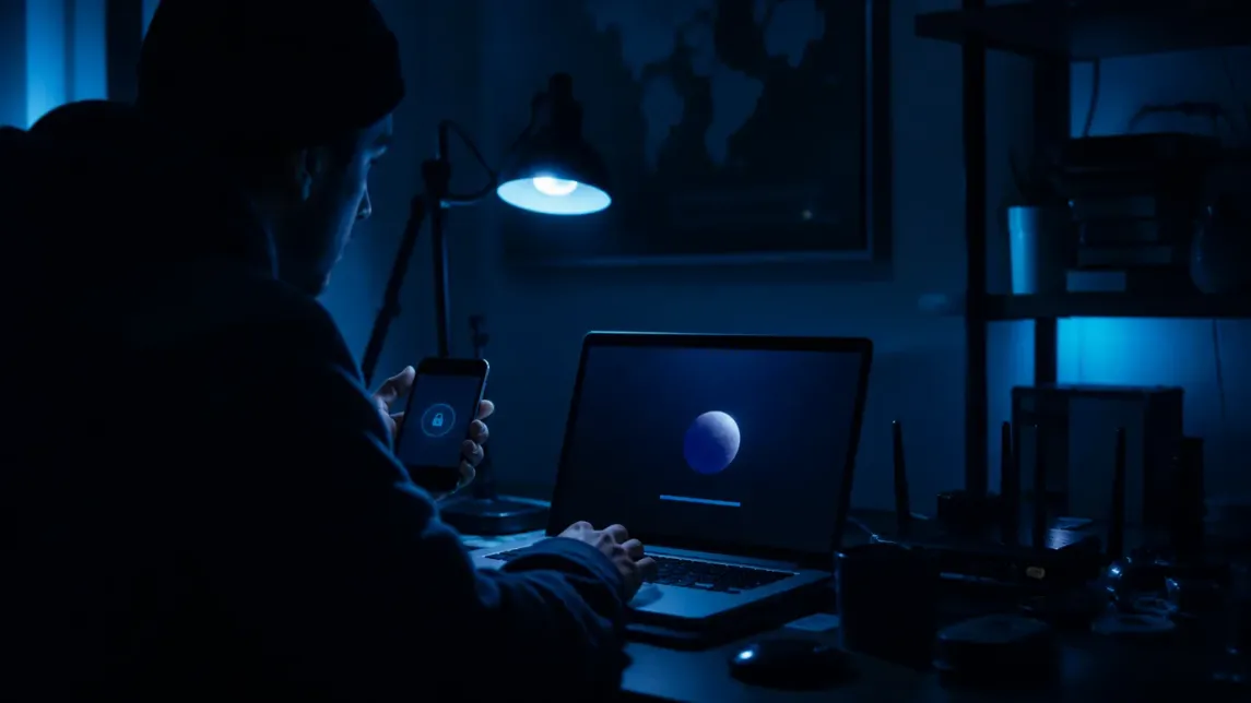 A person using a laptop in a dimly lit room while exploring the dark web.