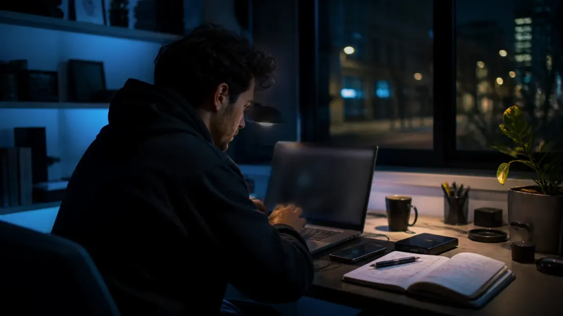 A user is deeply focused on researching Tor Browser search engines at their desk.