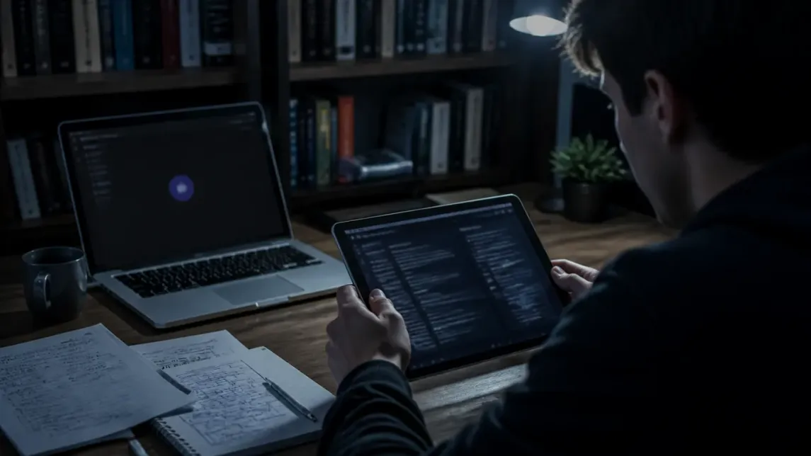 A user engaged in research on dark web wiki links using a tablet and laptop.