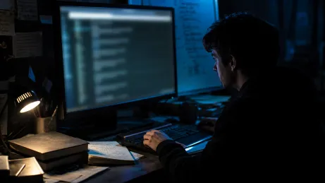 A user scrutinizes dark web search engine results on a monitor in low light.