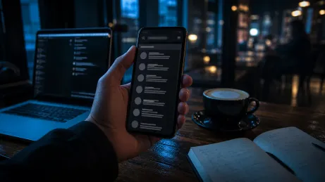 A hand holding a smartphone with Hidden Wiki links in a dim café setting.