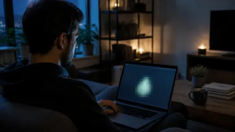 A user is focused on their laptop, exploring onion links in a cozy setting.