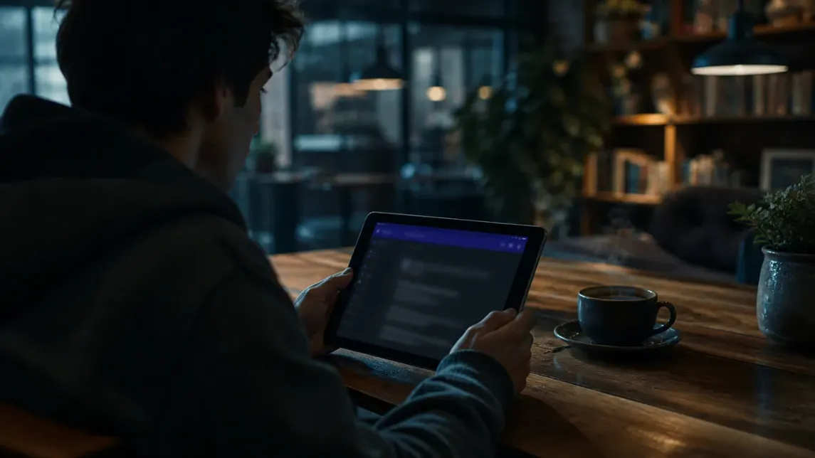 A user explores Onion sites on a tablet in a cozy café setting.