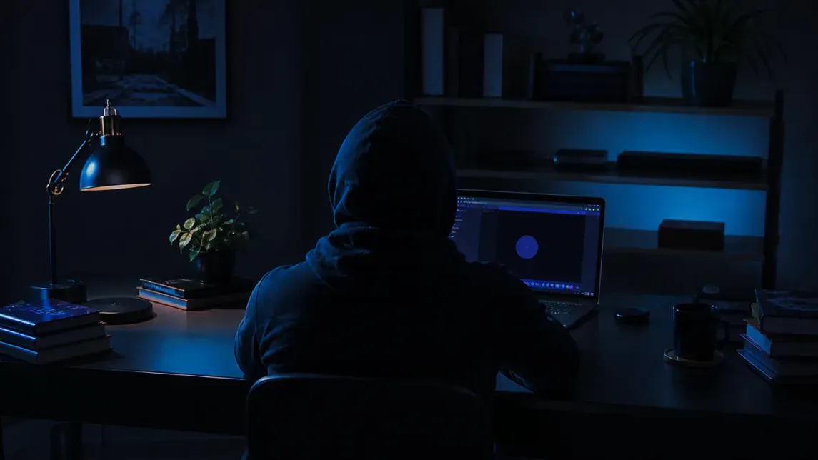 A person working on the Tor Browser in a dark home office setting.