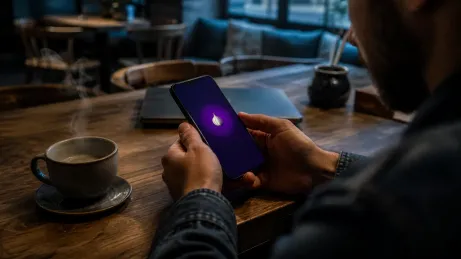 A user is using the Onion Browser on their iPhone in a cozy café setting.