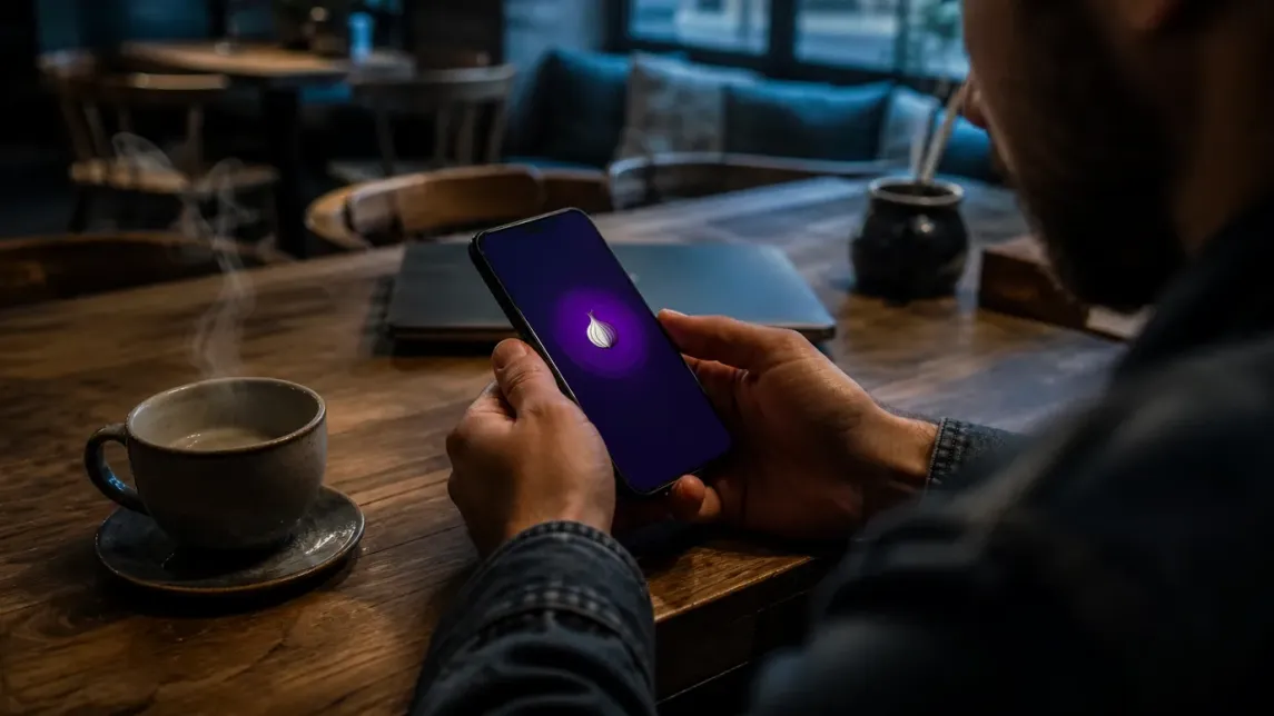 A user is using the Onion Browser on their iPhone in a cozy café setting.