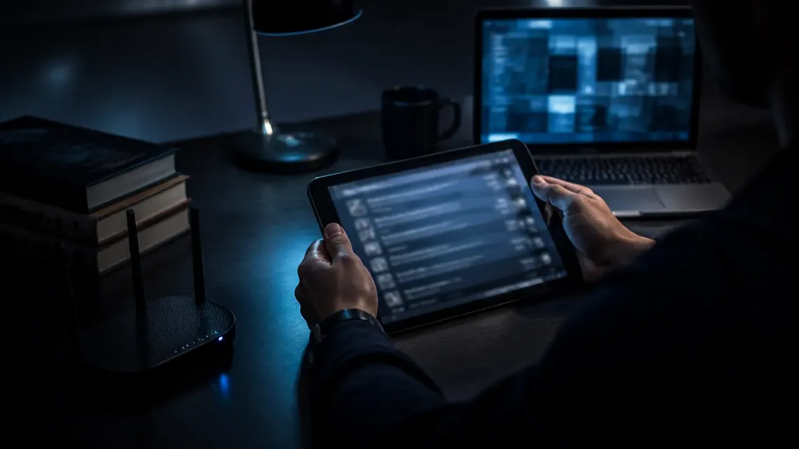 A person analyzing encrypted deep web links on a tablet in a modern office.