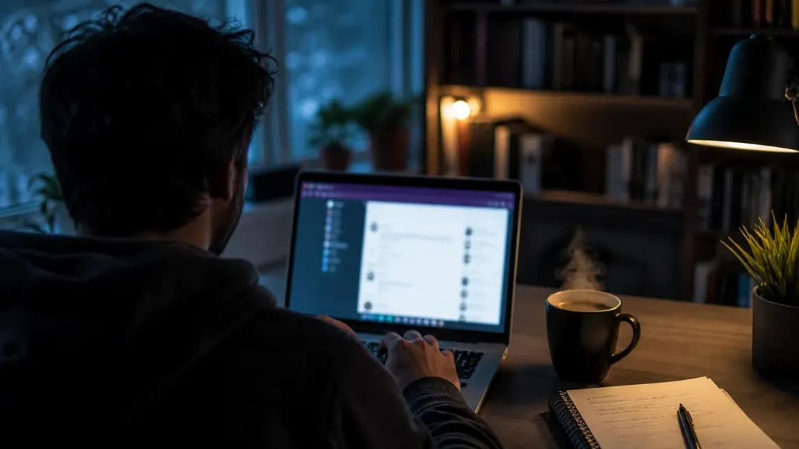 A person engages with Twitter through Tor Browser in a tranquil home office environment.