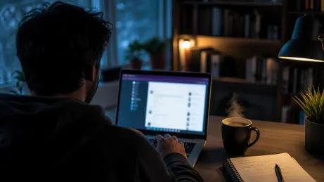 A person engages with Twitter through Tor Browser in a tranquil home office environment.