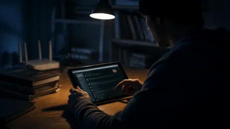 A user explores the Hidden Wiki on a tablet in a dimly lit room.