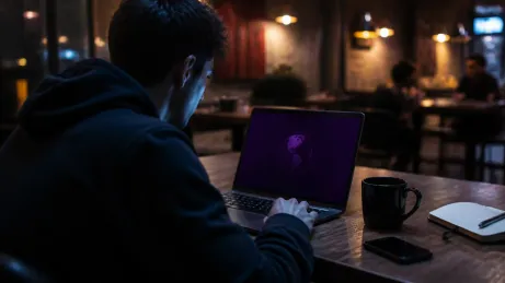 A person using Tor Browser on a laptop in a café environment.