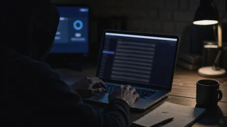 A user reviews Tor links on a laptop in a cozy room.