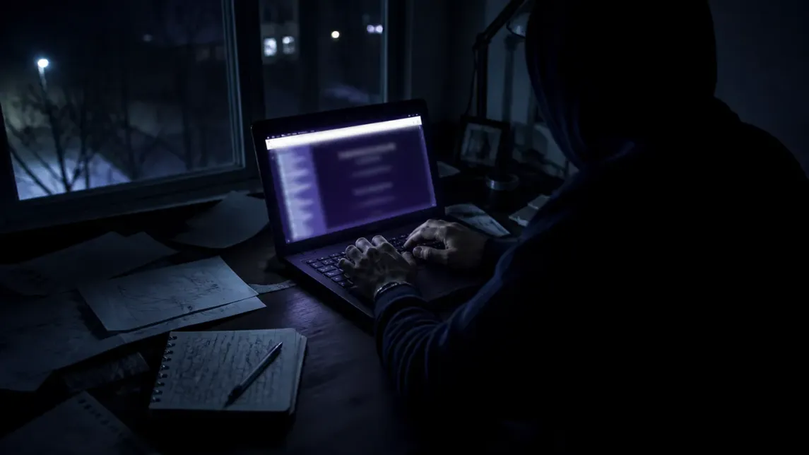 A person interacts with a laptop in a dark room, exploring The Hidden Wiki.
