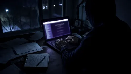 A person interacts with a laptop in a dark room, exploring The Hidden Wiki.