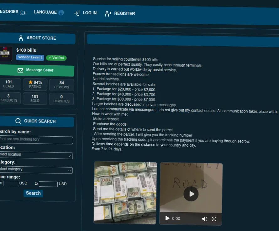 Interface of a darknet marketplace offering fake counterfeit money.