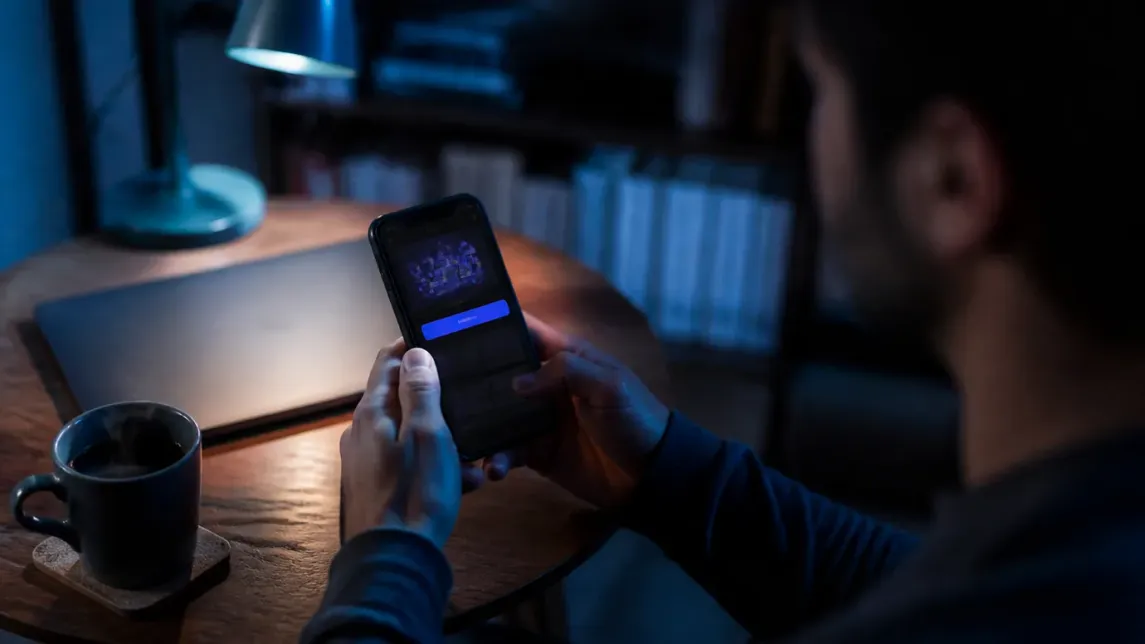A user focused on downloading the Tor APK on their smartphone in a warm apartment.