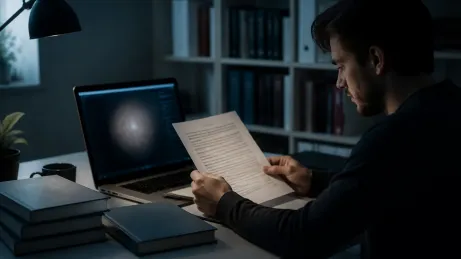 A user reviews legal documents concerning the use of Tor at a sleek desk.