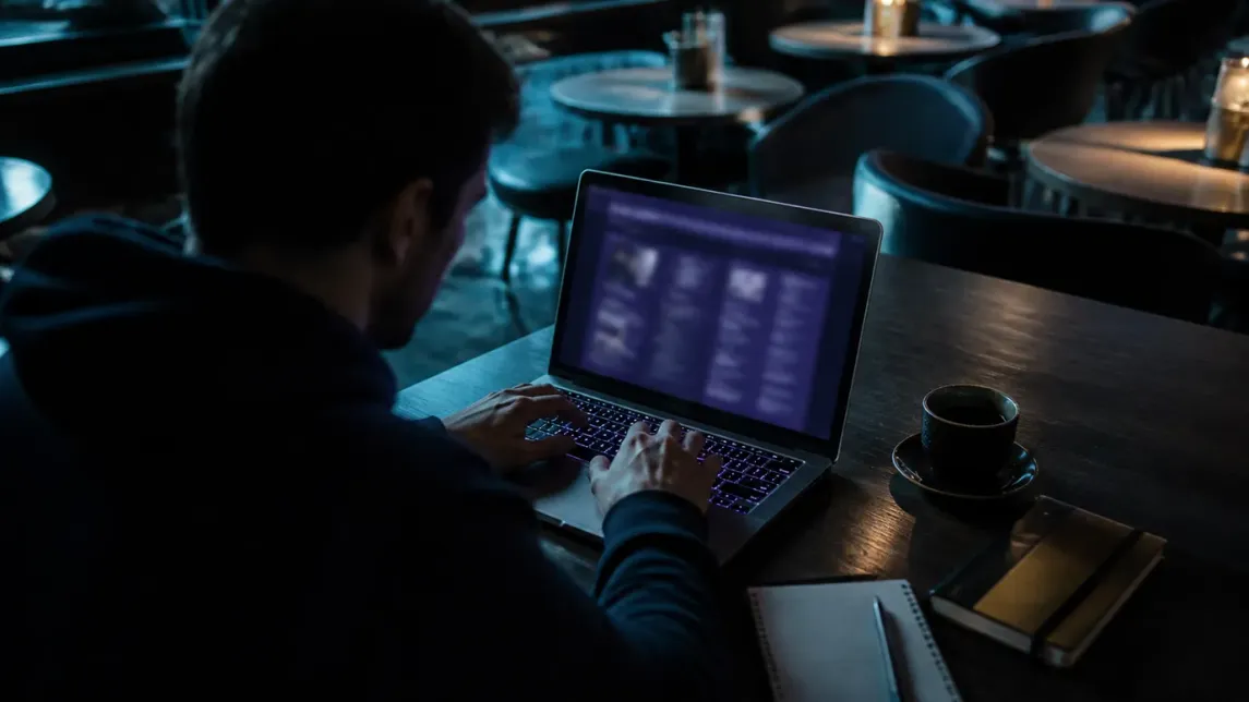 A user is focused on researching darknet search engines in a café setting.