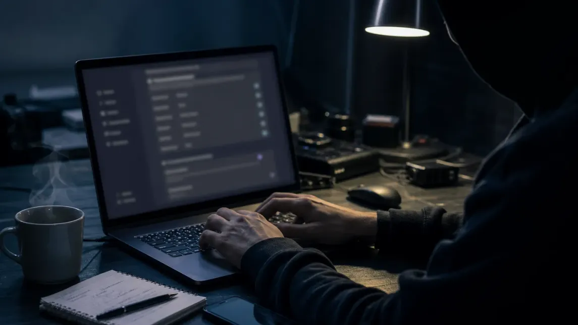 A user carefully adjusting privacy settings on their laptop in a modern workspace.