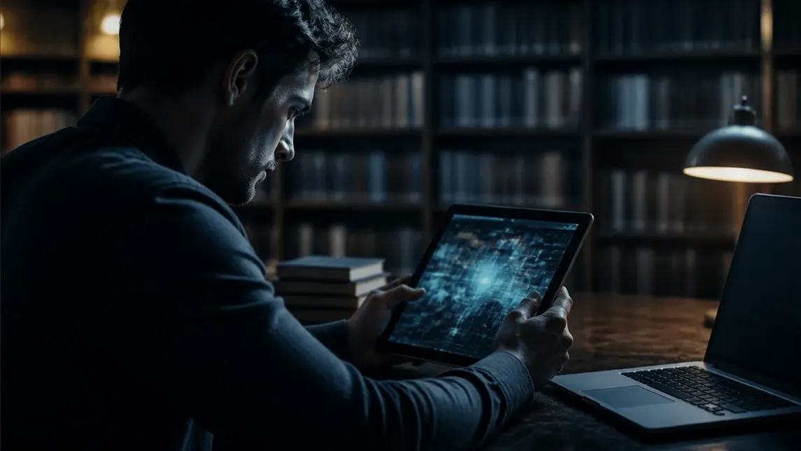 A user is exploring deep web databases on a tablet in a library.