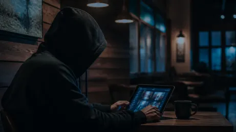 A user discreetly exploring the dark web on a tablet in a cozy cafe setting.