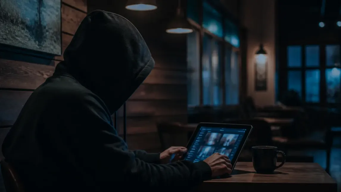 A user discreetly exploring the dark web on a tablet in a cozy cafe setting.