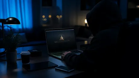 A user intently exploring the Onionland search engine on a laptop in a dimly lit room.