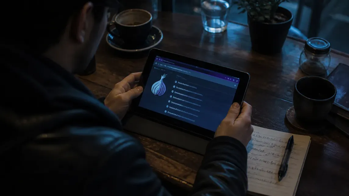 A user explores onion links on a tablet in a cozy cafe setting.