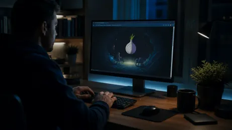 A user engaged in accessing Tor Browser mirror sites in a modern workspace.
