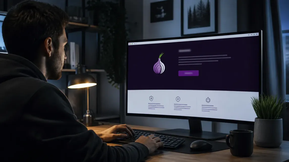 A user is downloading Tor Browser from the official website in a home office.