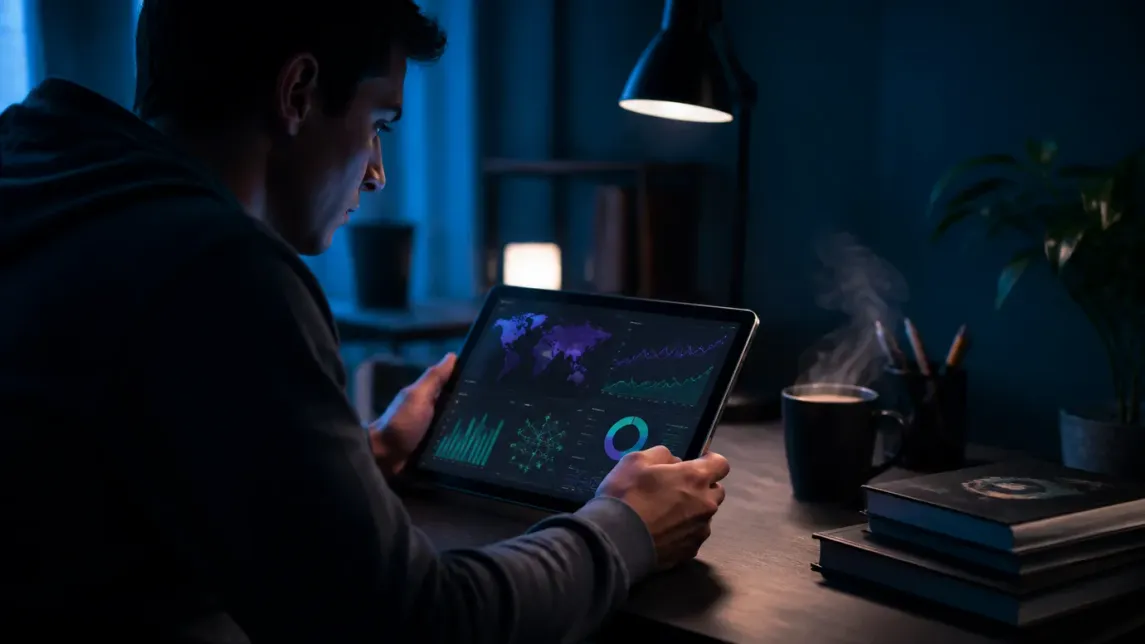 A user reviews Tor network statistics on a tablet in a modern workspace.