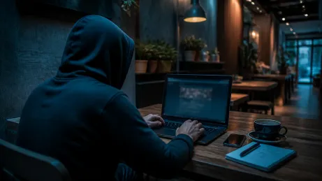A user engaged in browsing onion sites on a laptop in a café setting.