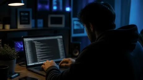 A user delves into the Hidden Wiki on a laptop in a darkened space.
